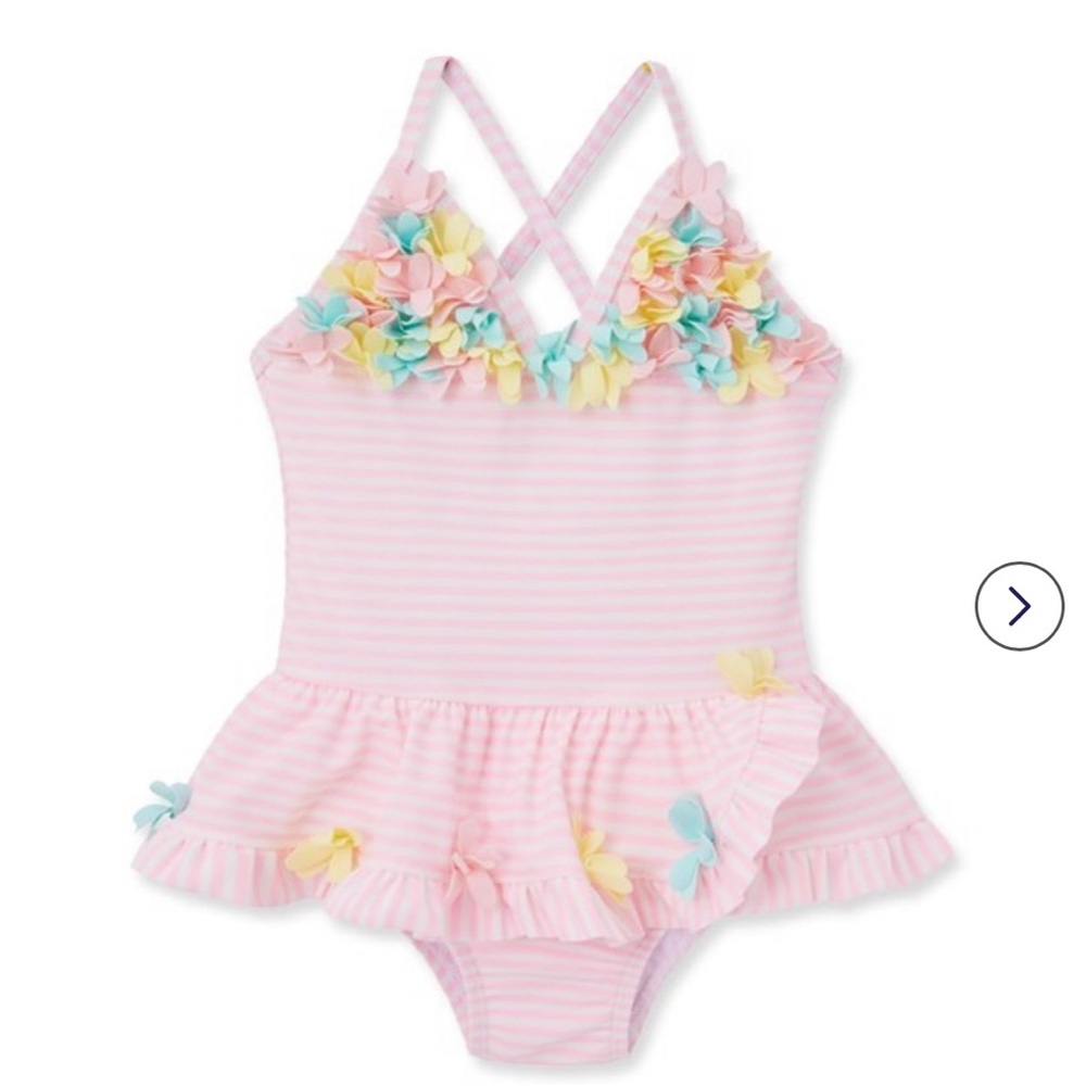 Little Me Pink Striped Swimsuit with Floral Accents 12-18 months